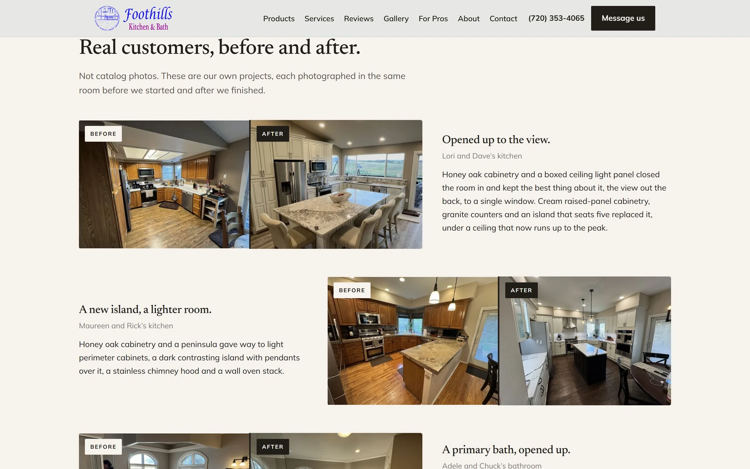 The rebuilt Foothills site showing real customer kitchen remodels photographed before and after