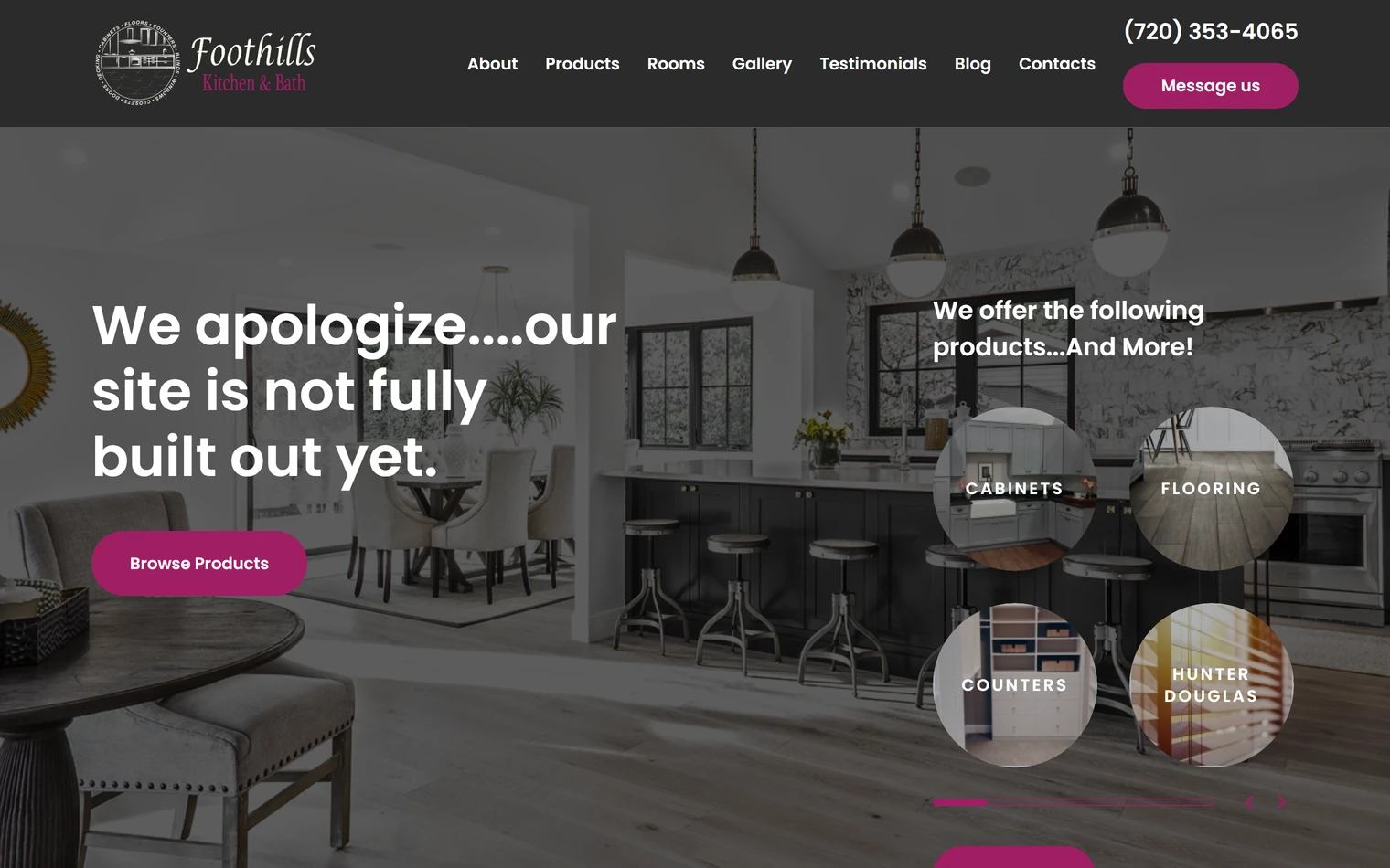The old Foothills Kitchen and Bath home page, whose opening headline apologizes for the site not being finished